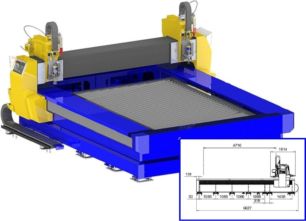 CNC waterjet cutting machine AquaCut with 4 x 3 m work area and 2 straight cutting tool stations